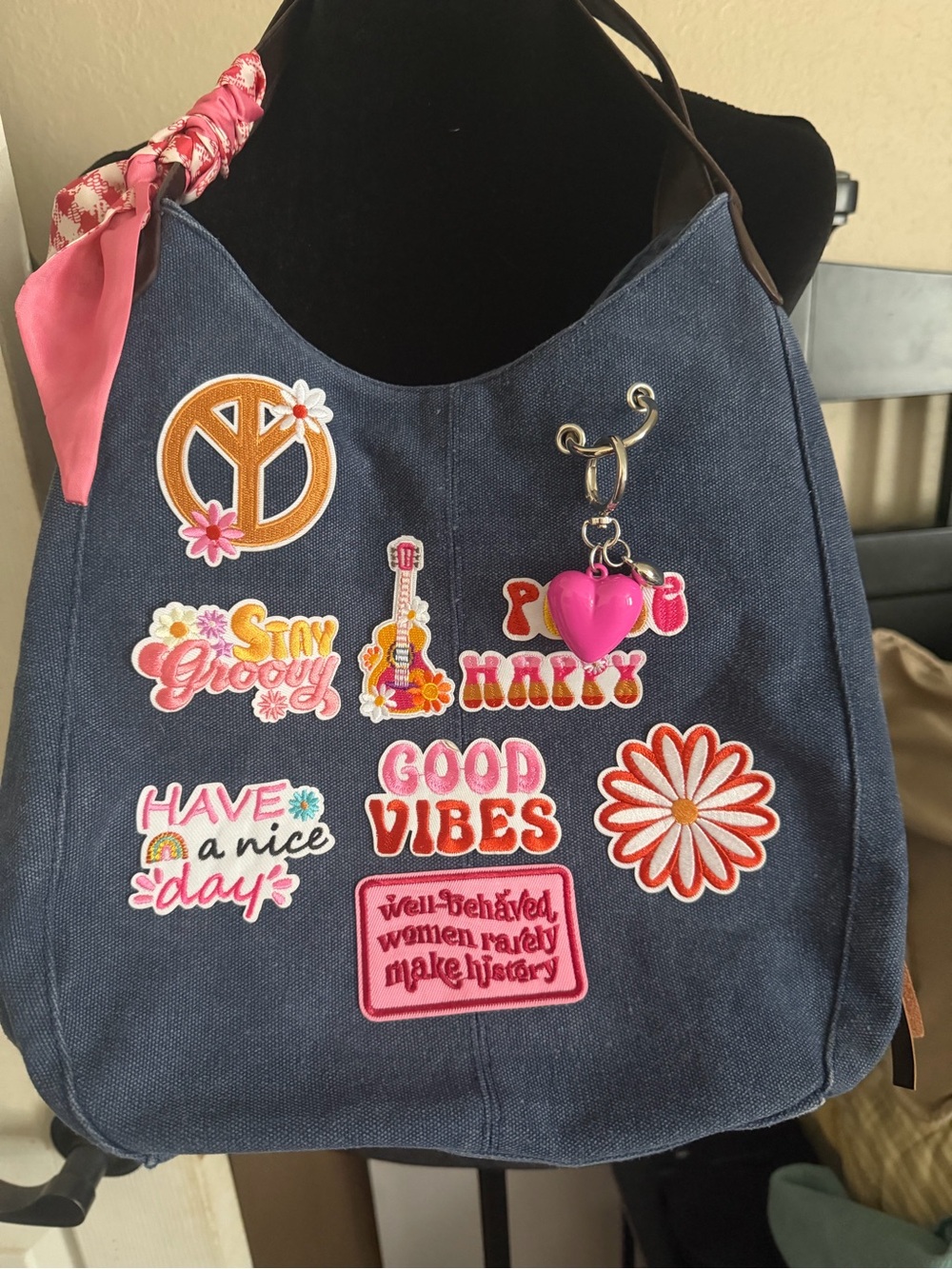 Navy Canvas Shoulder Bag with Pink Heart Charm and Embroidered Patches